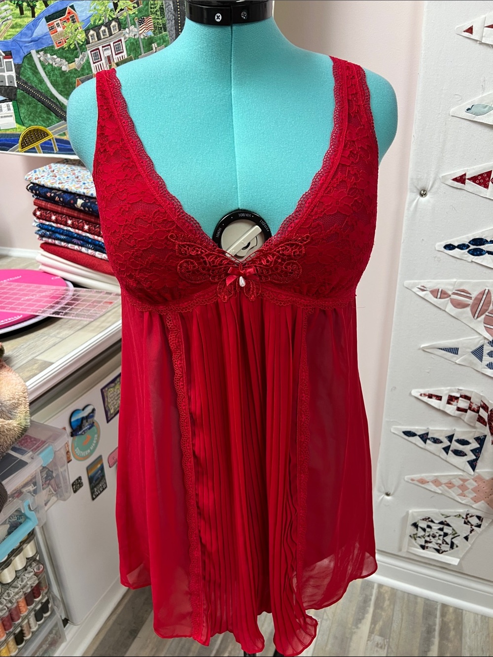 In Bloom Red Lace & Sheer Pleated Babydoll Chemise